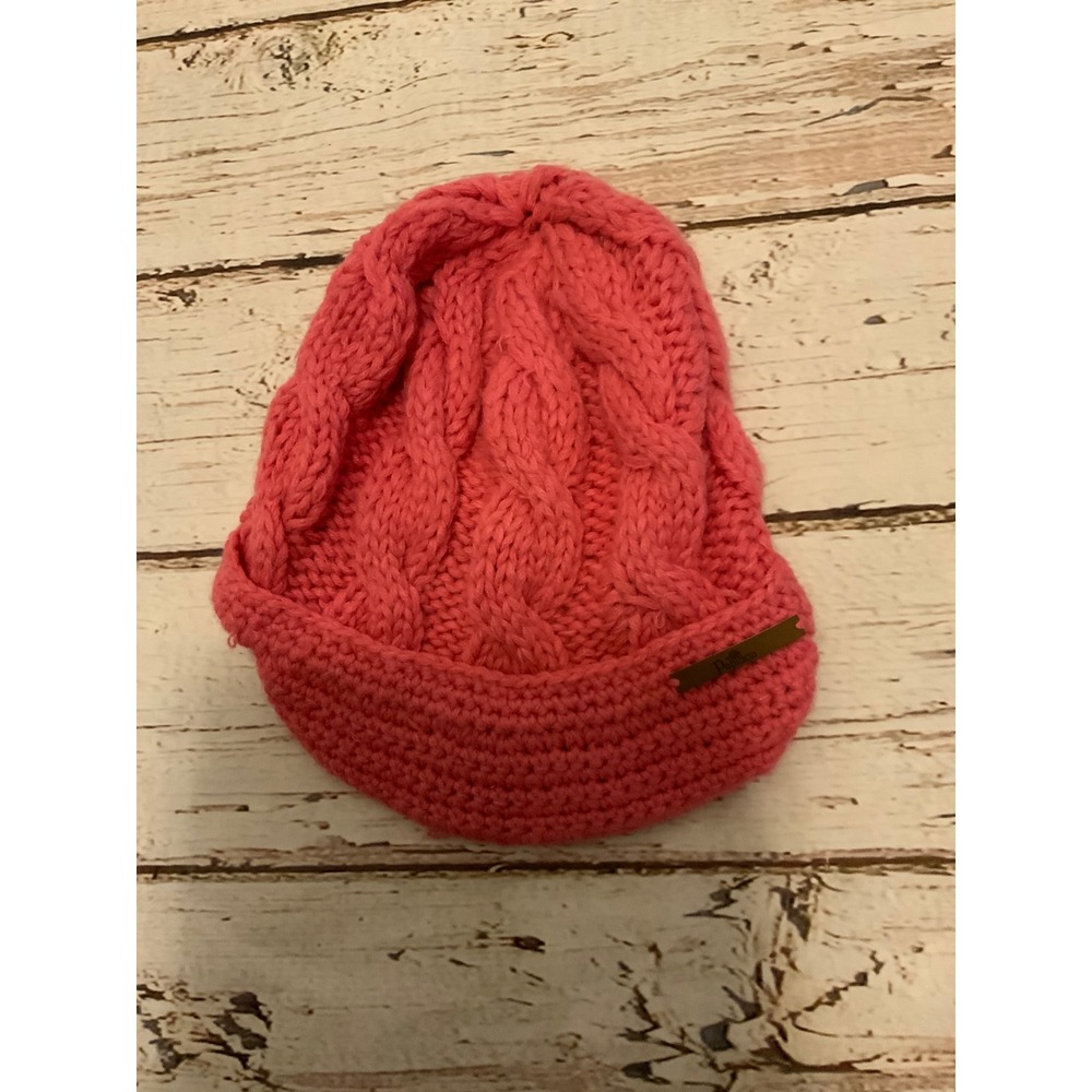 Papillon Pink Cable Knit Beanie Hat Acrylic Coral Crochet Brim Gold Logo Tag